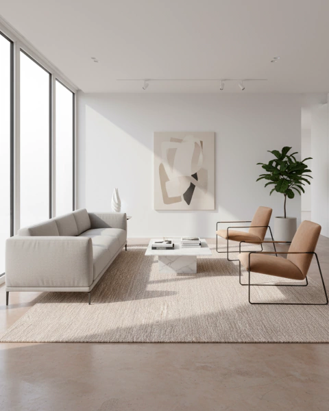 Tapete retangular nas cores off-white, bege e fendi da Coleção Bruma decorando uma sala moderna, com sofá claro, poltronas bege e mesa de centro branca.