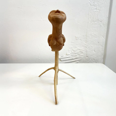 Escultura de madeira representando uma figura feminina com aspecto de pássaro, posicionada sobre uma base simples.