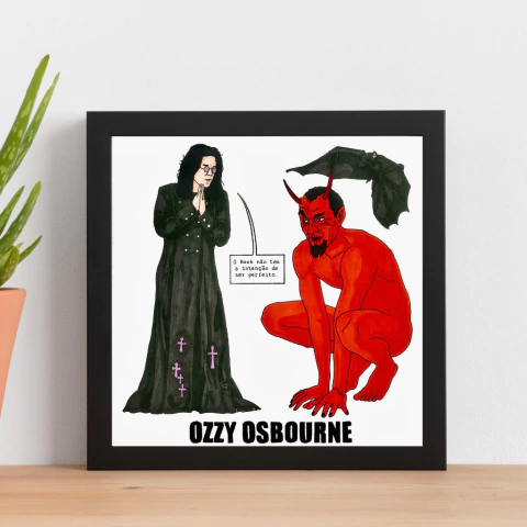 Ilustração estilizada de Ozzy Osbourne com roupas pretas e óculos roxos, ao lado de um demônio vermelho agachado com um morcego voando acima, com um balão de fala dizendo "O Rock não tem a intenção de ser perfeito".