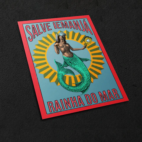 Quadro decorativo com ilustração de Iemanjá, a rainha do mar, com texto "Salve Iemanjá Rainha do Mar" em destaque