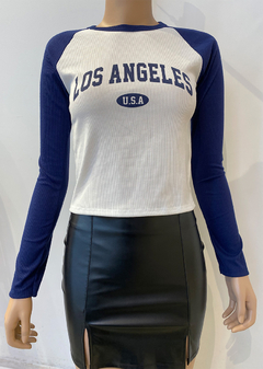 Remera m-larga combi ranglan estampada «Los Angeles» #1027-3 - Edna Modas
