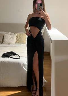 Vestido microfibra straples abertura c-pollera nudo en tajo #328-3 en internet
