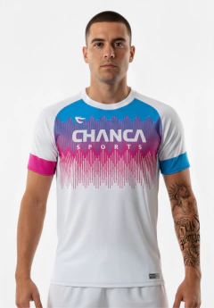 045 - CAMISETA BRANCA AZUL E ROSA FUTEVÔLEI MASCULINA - comprar online