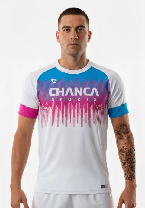 045 - CAMISETA BRANCA AZUL E ROSA FUTEVÔLEI MASCULINA - comprar online