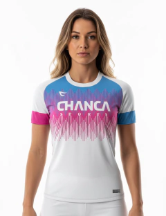 045 - CAMISETA BRANCA AZUL E ROSA FUTEVÔLEI FEMININA - comprar online