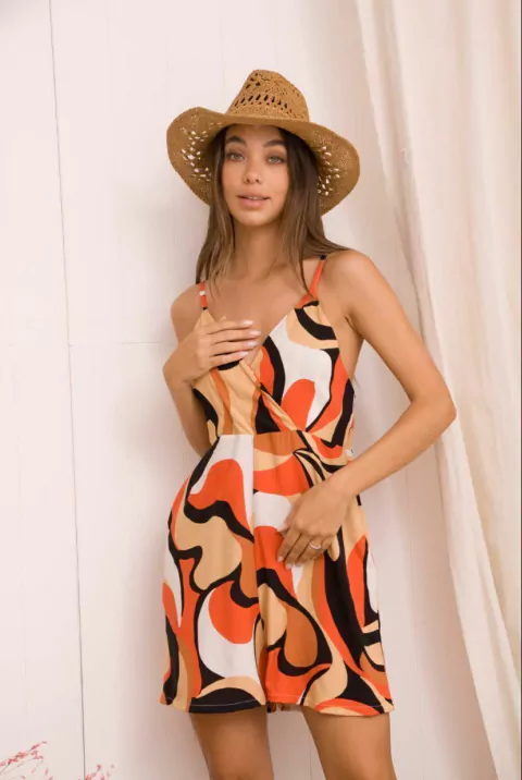 Monoshort Mandy De Fibrana Poplin Estampada con Breteles y Bolsillos Art 7097