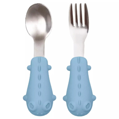 Kit Colher e Garfo Inox para Bebês 6+ Meses Cabo de Silicone Azul - Buba