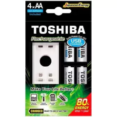 Carregador de Pilha USB p/2 pilhas AA/AAA min.2.000 mAh c/4 pilhas TOSHIBA