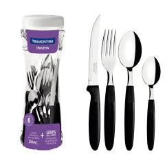 Faqueiro Ipanema Com Lâminas Em Aço Inox E Cabos De Polipropileno Preto 24 Peças