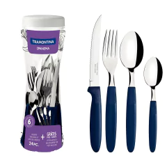 Faqueiro Ipanema Com Laminas Em Aco Inox E Cabos De Polipropileno Azul 24 Peças