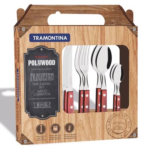 Faqueiro Polywood Com Lâminas Em Aço Inox E Cabos De Madeira Vermelho 24 Peças