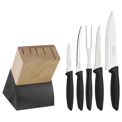 Jogo De Facas Plenus Com Lâminas Em Aço Inox Cabos De Polipropileno Preto E Suporte De Madeira 6 Peças