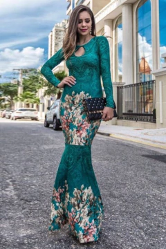 Vestido Longo Sereia Manga Longa Estampa Verde - comprar online