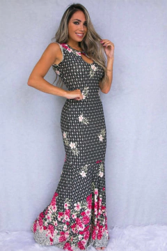 Vestido Longo Viscolycra Decote Gota Estampado