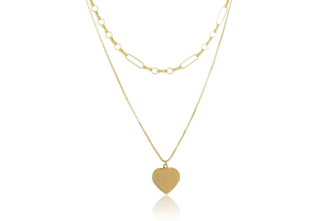 Colar Duplo Folheado Em Ouro 18k Com Coração