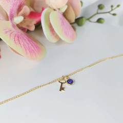 Imagem do Tornozeleira Com Pingente De Olho Grego E Chave Folheado Em