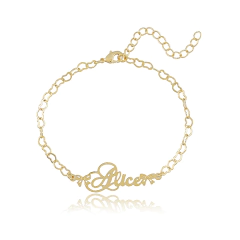 Pulseira Com Corrente De Coração E Nome Folheado Em Ouro 18k