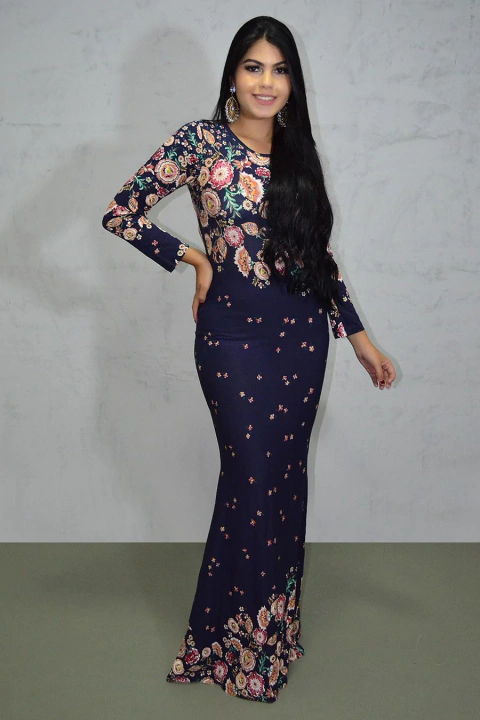 Vestido Longo Viscolycra Sereia Mangas Florais Lumix Azul