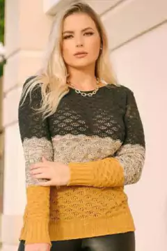 Blusa Tricot Manga Longa Relevo Tricolor na internet