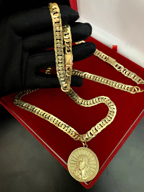 Cordão pulseira e pingente laminado duplo 10 mm