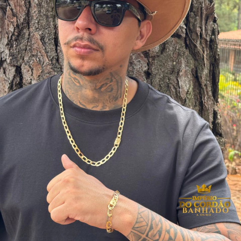 Cordão e Pulseira laminado 7 mm duplo banhado a ouro - comprar online