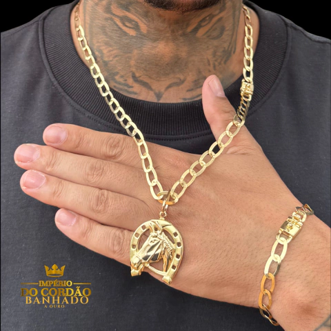 Cordão Pulseira e pingente laminado 7 mm banhado a ouro - comprar online