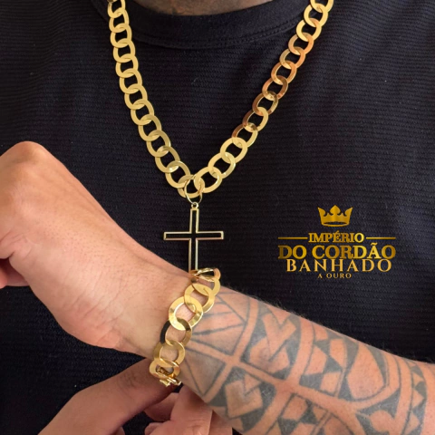 Cordão Pulseira e pingente laminado 12 mm banhado a ouro - comprar online