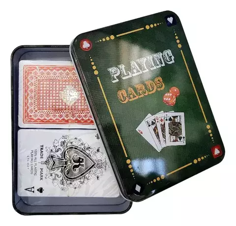 Cartas Plasticas Poker Estuche Metal Naipes 2 Mazos