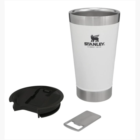 Vaso Simil Stanley Beer Pint de cerveza 473ml c/tapa + abridor Blanco