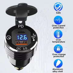 Imagem do Carregador Alumínio USB-A + USB-C Voltimetro padrão Europeu