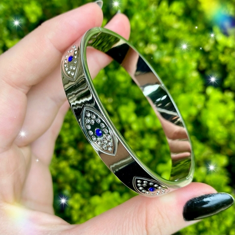 Pulseira Olho Grego em Aço Inox e Strass - Sem Joia