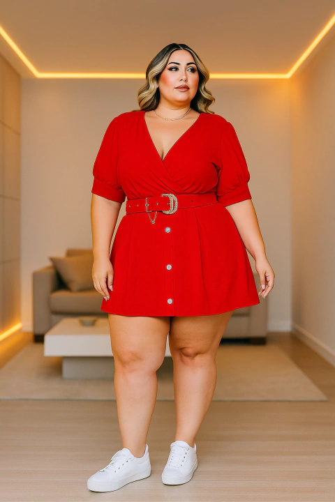 Macaquinho vestido Plus Size Emile Dunas, Cinto Ajustável, Manga Princesa (46 ao 52) - comprar online
