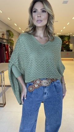 Poncho Tricot Rendado Julia Verde - Flor de Elisa moda