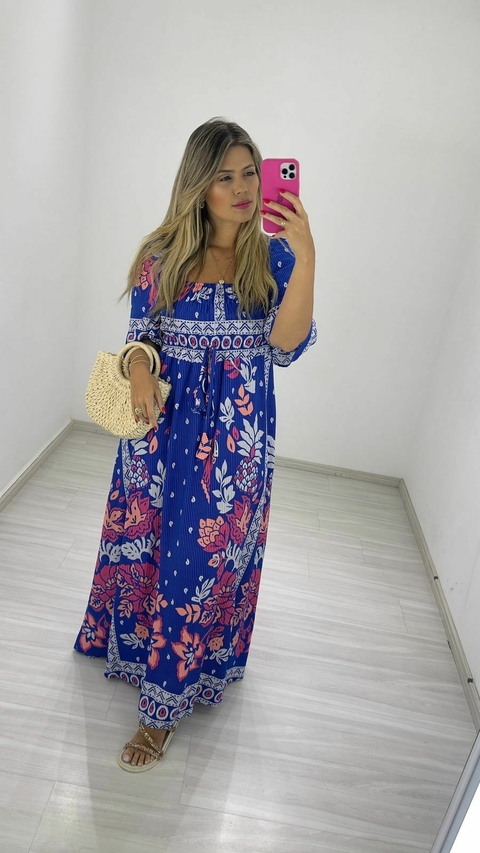 VESTIDO JERI LISTRADO FLORIDO AZUL