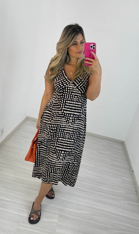 VESTIDO SAFIRA ESTAMPADO PRETO C/ NUDE