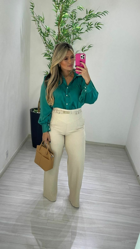 CALÇA PANTALONA CINTO FINO NUDE CLARO