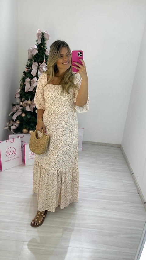 VESTIDO FLOWER MANGA NUDE