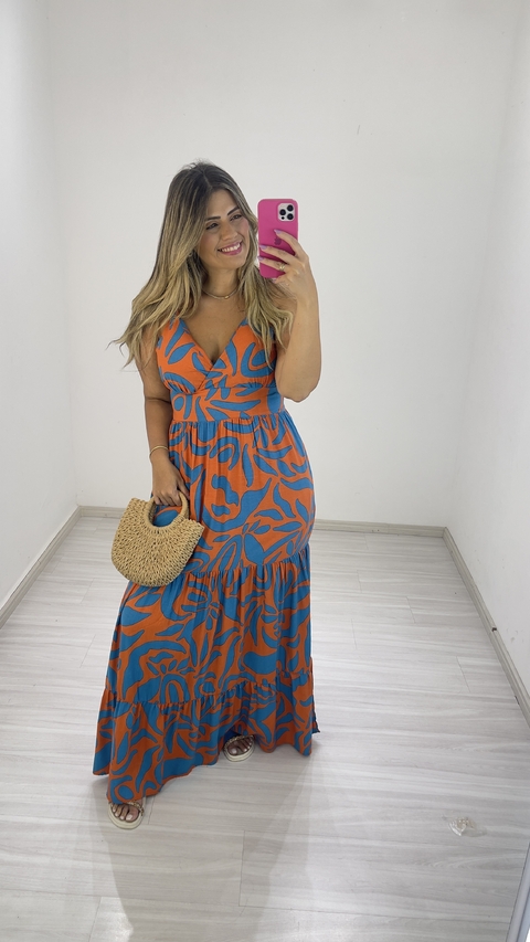VESTIDO FERNANDA AZUL C/ LARANJA COLEÇÃO BLACK