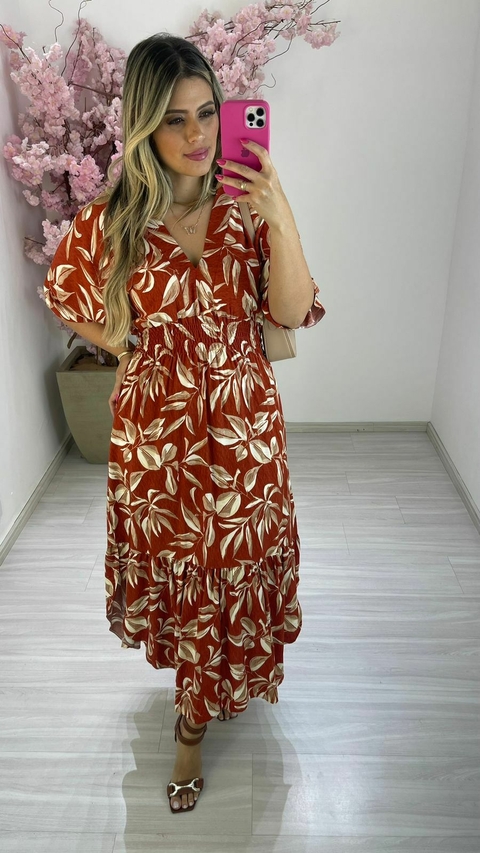 VESTIDO MILLA FOLHAGEM TERRA COTA