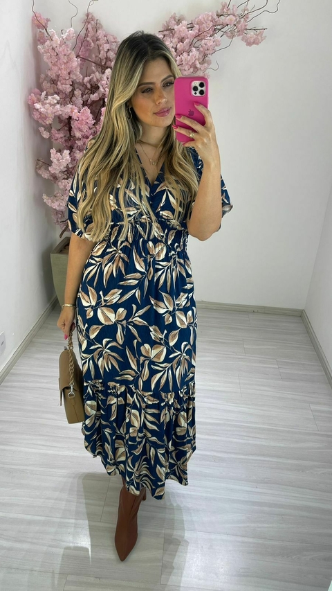 VESTIDO MILLA FOLHAGEM AZUL MARINHO