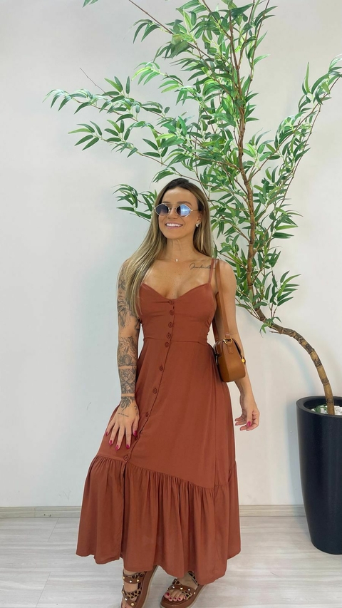 VESTIDO MIDI BOTOES MARROM - comprar online