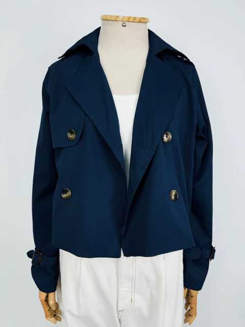 TRENCH COAT CROPPED AZUL MARINHO