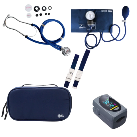 Conjunto Enfermagem Azul: Estetoscopio Rappaport + Esfigmo Premium + Case LE Medical + Oximetro Mediclini + Garrote Pamed
