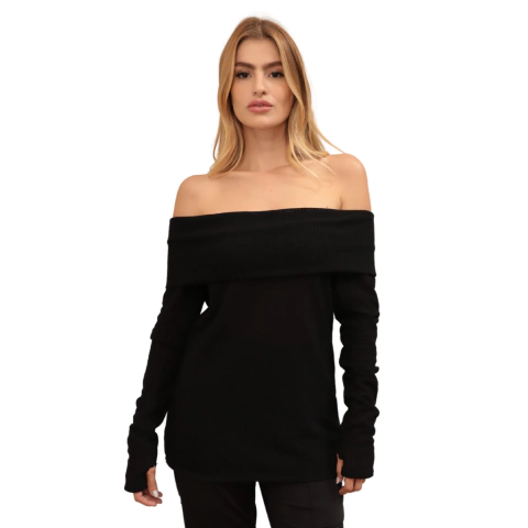 Blusa Crochê Ombro a Ombro – Decote Dobrado e Manga Longa com Dedinho - comprar online