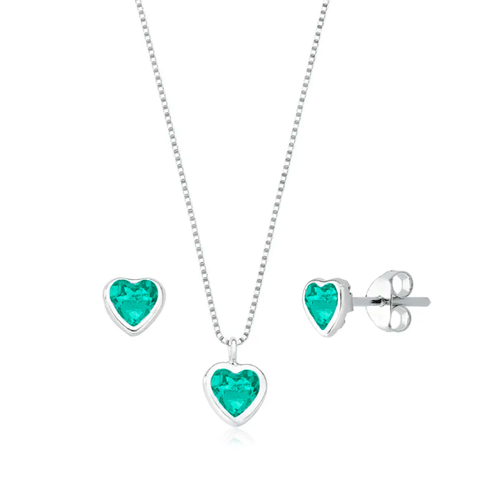 Conjunto de Prata Coração Verde