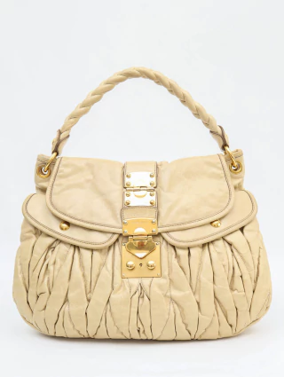 Bolsa Miu Miu Coffer Couro Bege