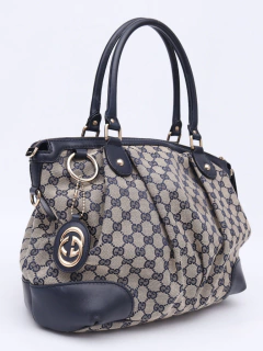Gucci GG Beige/Blue Canvas Sukey Top Handle - Paris Brechó