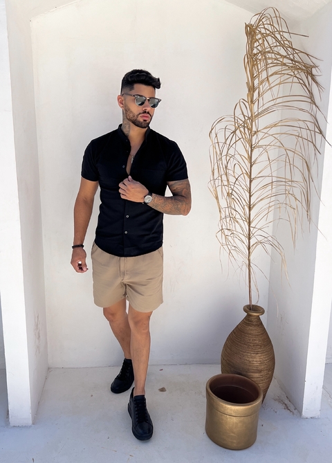 CAMISA SOCIAL LINHO GOLA PADRE - PRETA