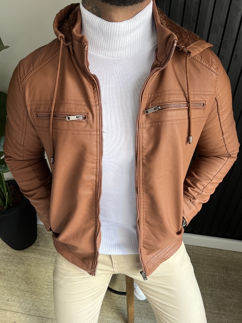 JAQUETA DE COURO ECOLÓGICO COM CAPUZ - MARROM - comprar online