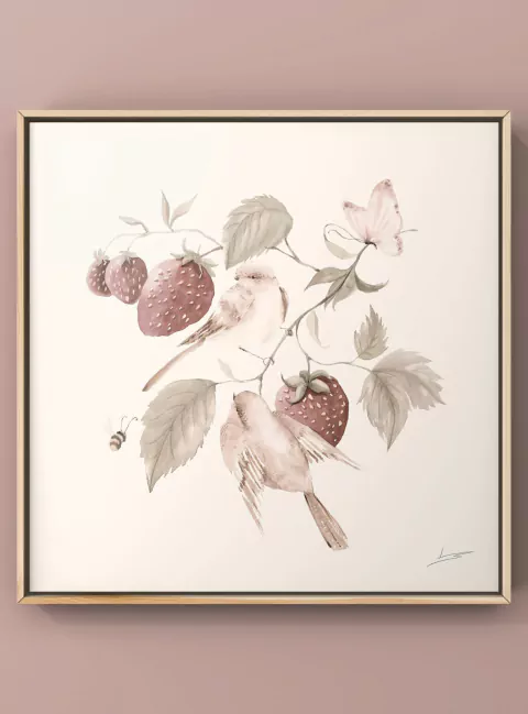 Papel de carta - Passarinhos e morangos vermelhos